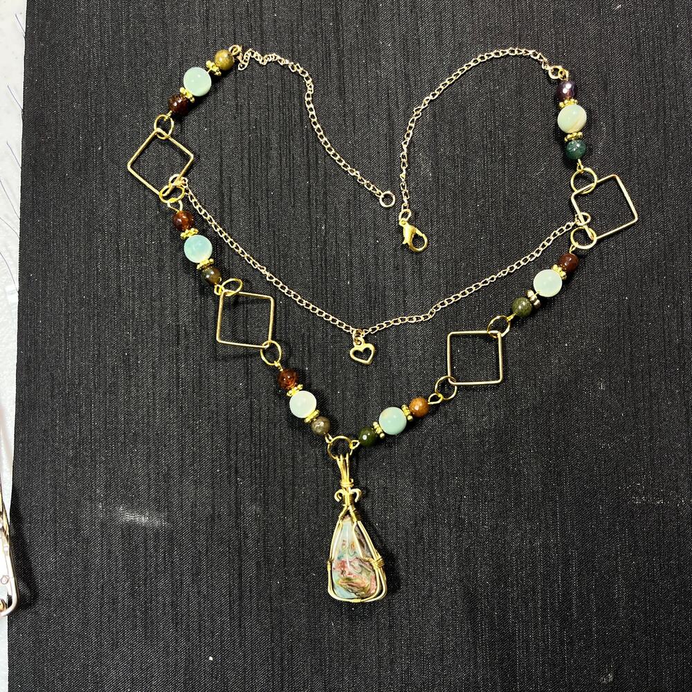 Ocean Jasper gemstone Amazonite Agate beads wire wrap 20" necklace pendant